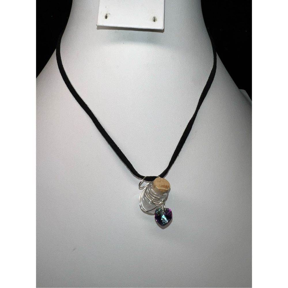 Glass and Aurora Borealis Heart Charm Bottle Necklace